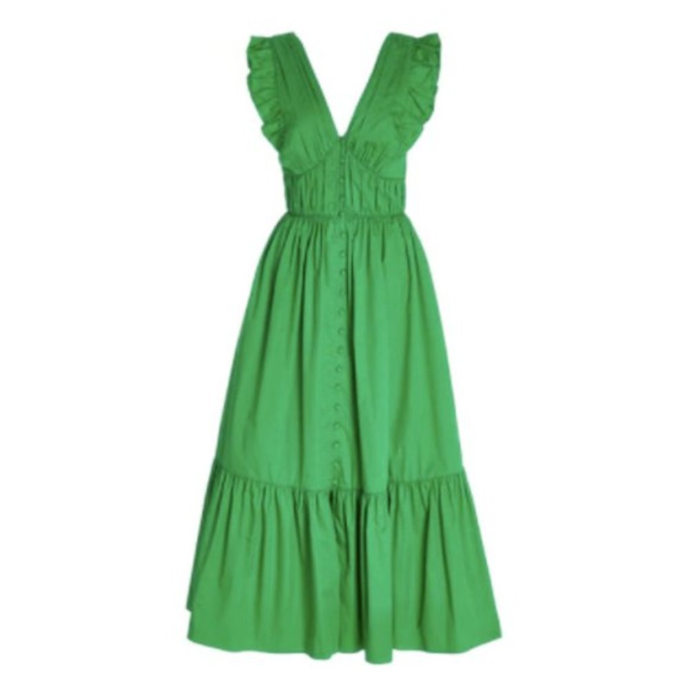 Green Ruffle V-Neck Midi Dress